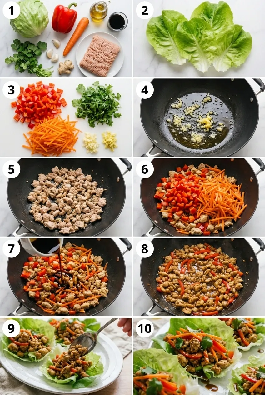 Asian chicken lettuce cups with carrots and red bell pepper on a serving platter.