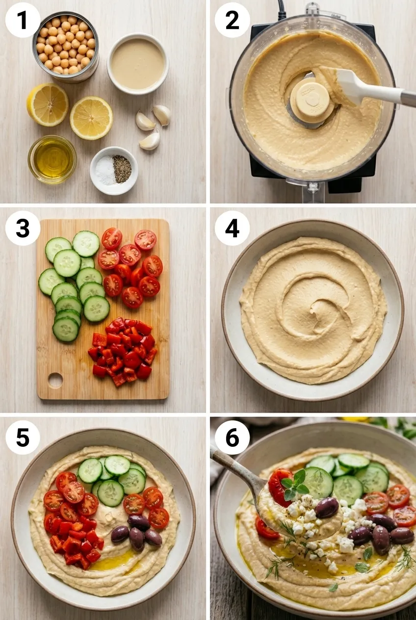 An overhead shot of a loaded Greek hummus bowl with cucumber, tomatoes, olives, and feta arranged on top.
