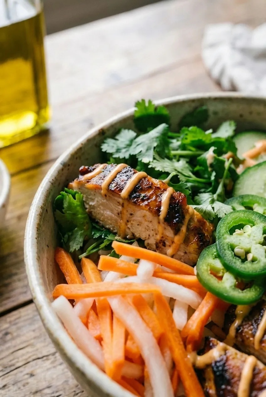 A side view of a Vietnamese banh mi bowl showing layers of rice, sliced grilled chicken, and fresh cucumber and jalapeno.
