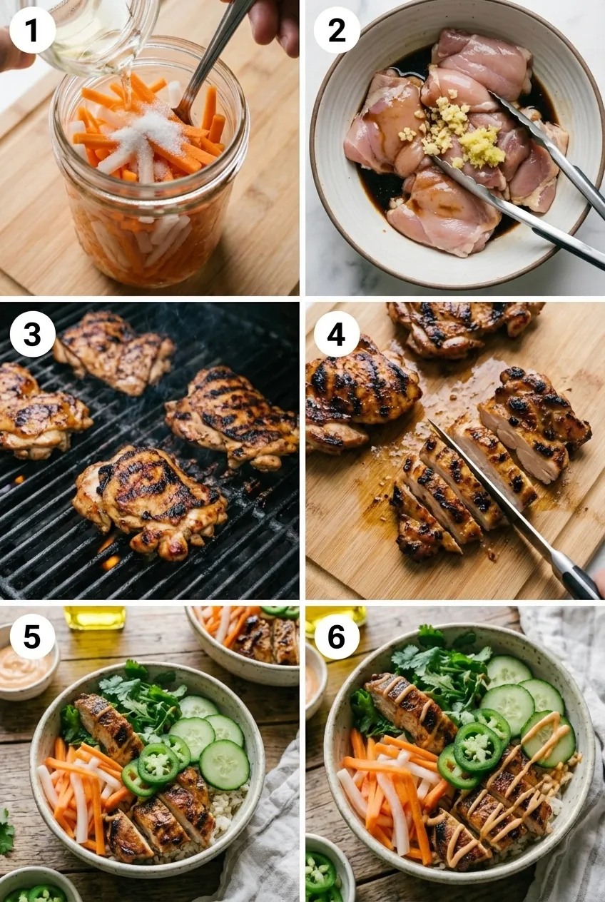 An overhead view of a Vietnamese banh mi bowl with grilled chicken, pickled carrots, daikon, and cilantro in a white bowl.