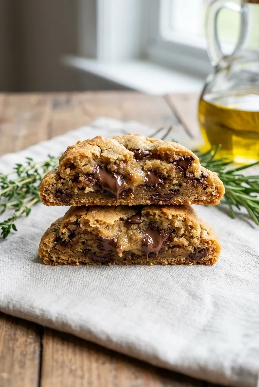 A stack of thick, soft chocolate chip cookies on a white plate, with a glass of milk in the background.