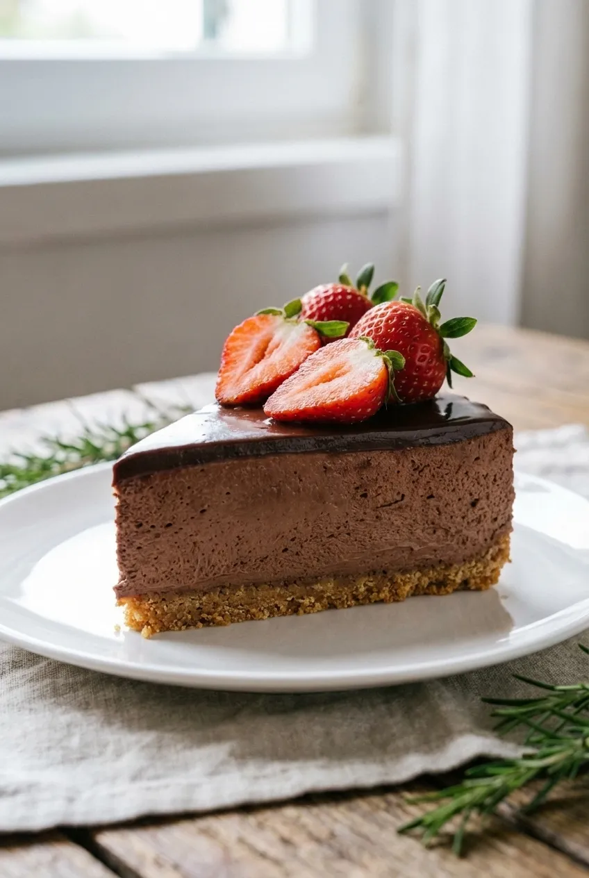 A slice of chocolate strawberry mousse cake on a white plate, showing the dark chocolate and pink strawberry layers on a biscuit crust.
