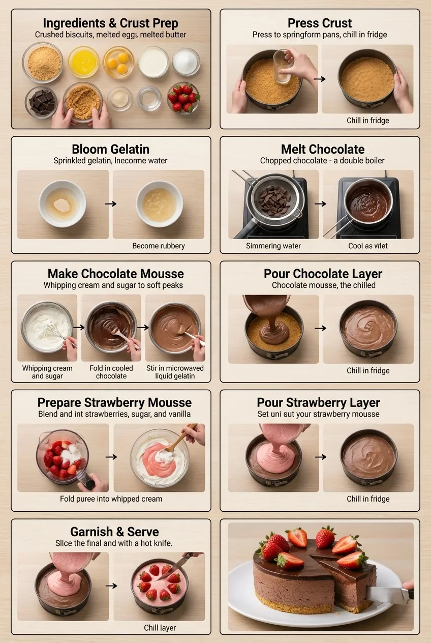 A slice of chocolate strawberry mousse cake on a white plate, showing the dark chocolate and pink strawberry layers on a biscuit crust.