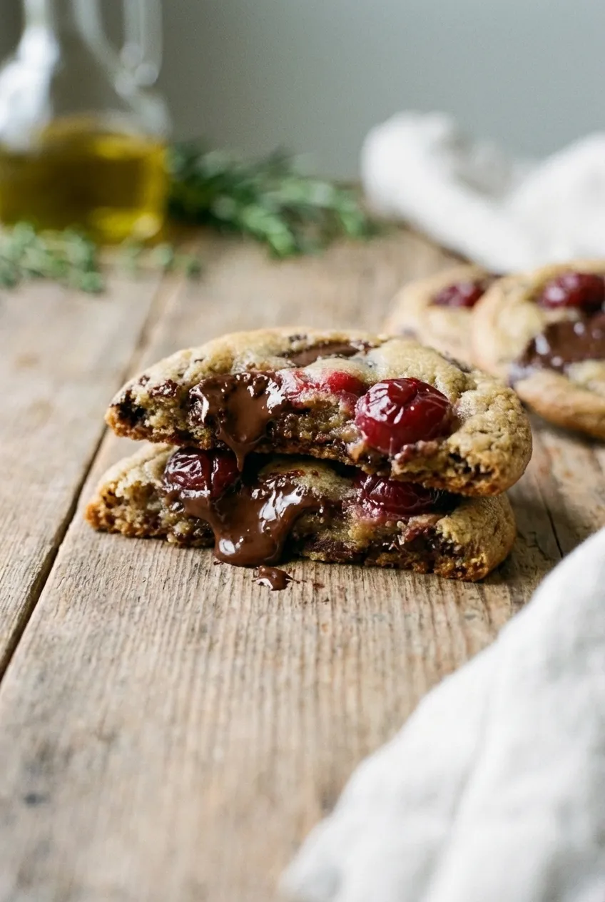 Cherry chocolate chunk cookies on a wire cooling rack, showing chunks of dark chocolate and pieces of dried cherry.