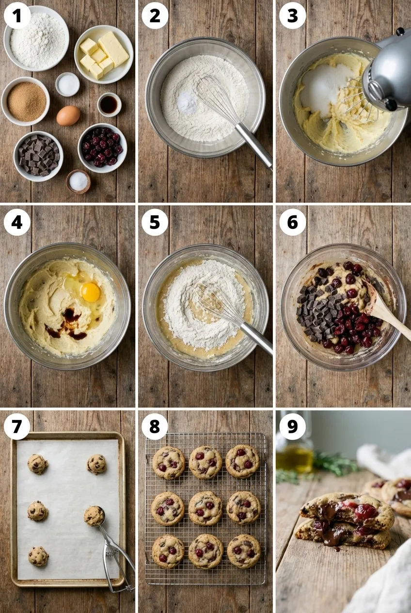 Cherry chocolate chunk cookies on a wire cooling rack, showing chunks of dark chocolate and pieces of dried cherry.