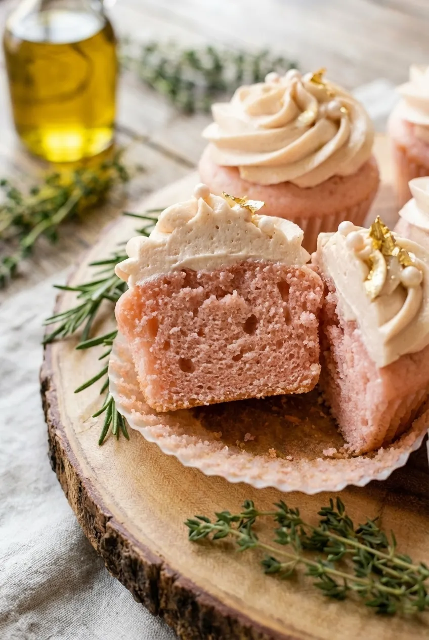 A dozen pink champagne cupcakes with white cream cheese frosting on a marble countertop.