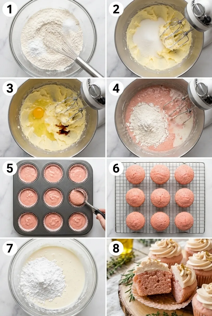 A dozen pink champagne cupcakes with white cream cheese frosting on a marble countertop.