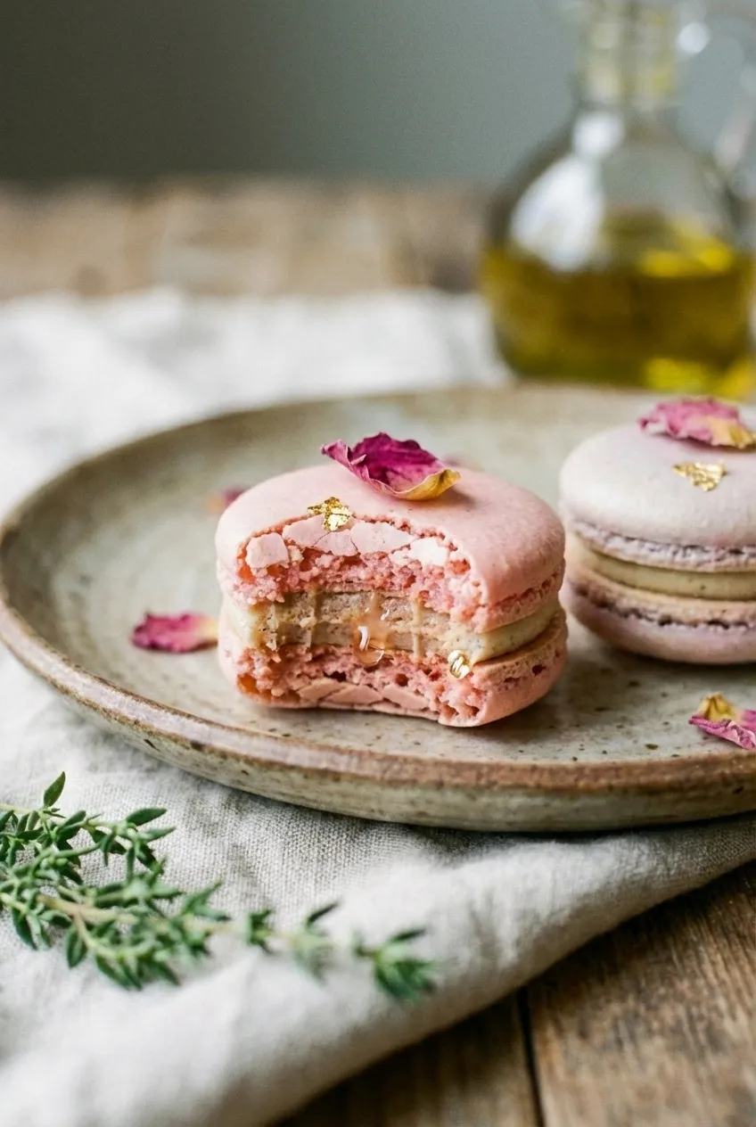 A close-up overhead view of several rose macarons, showing the crisp shells and creamy buttercream filling.