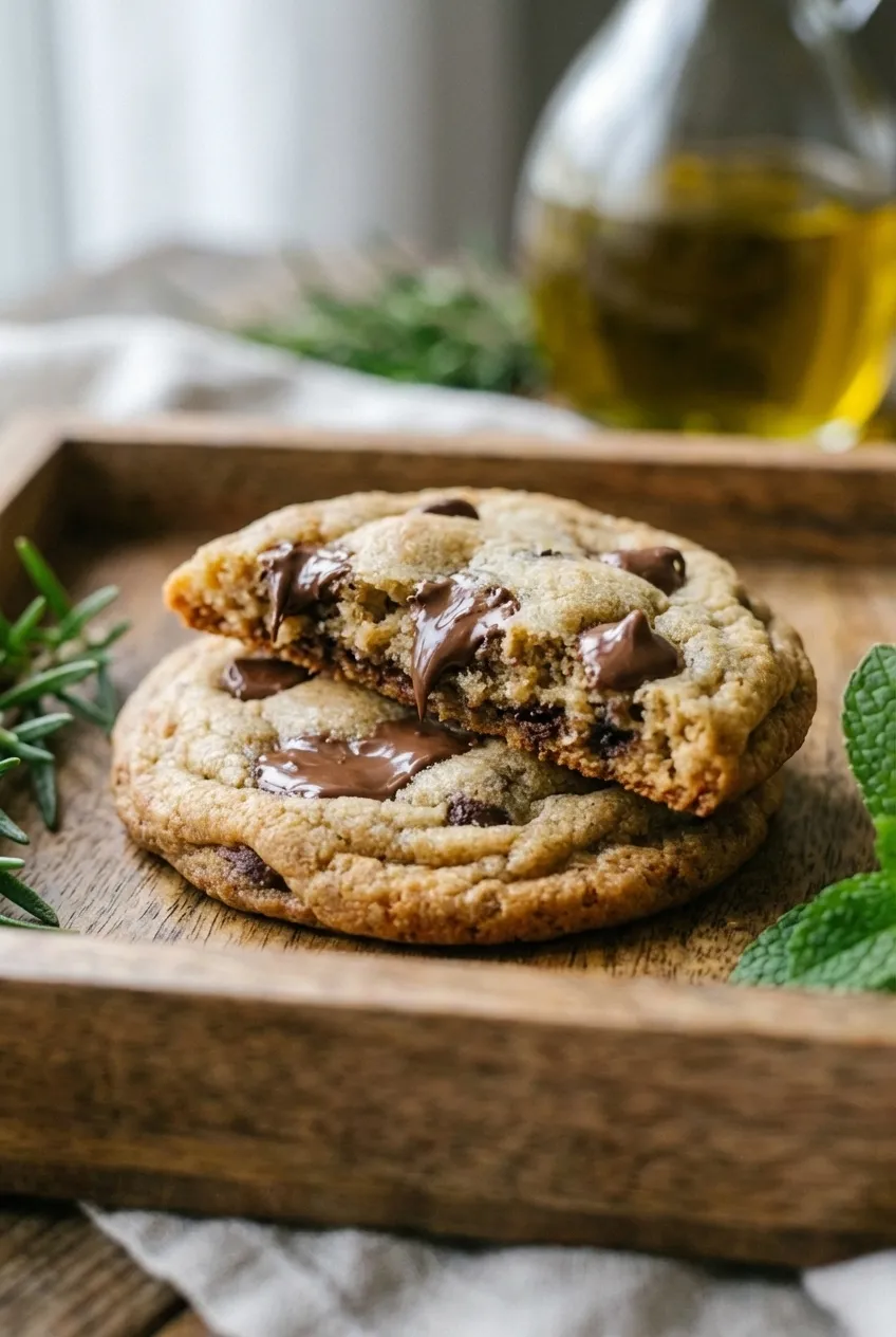 An overhead view of two-chip chocolate chip cookies cooling on a wire rack.