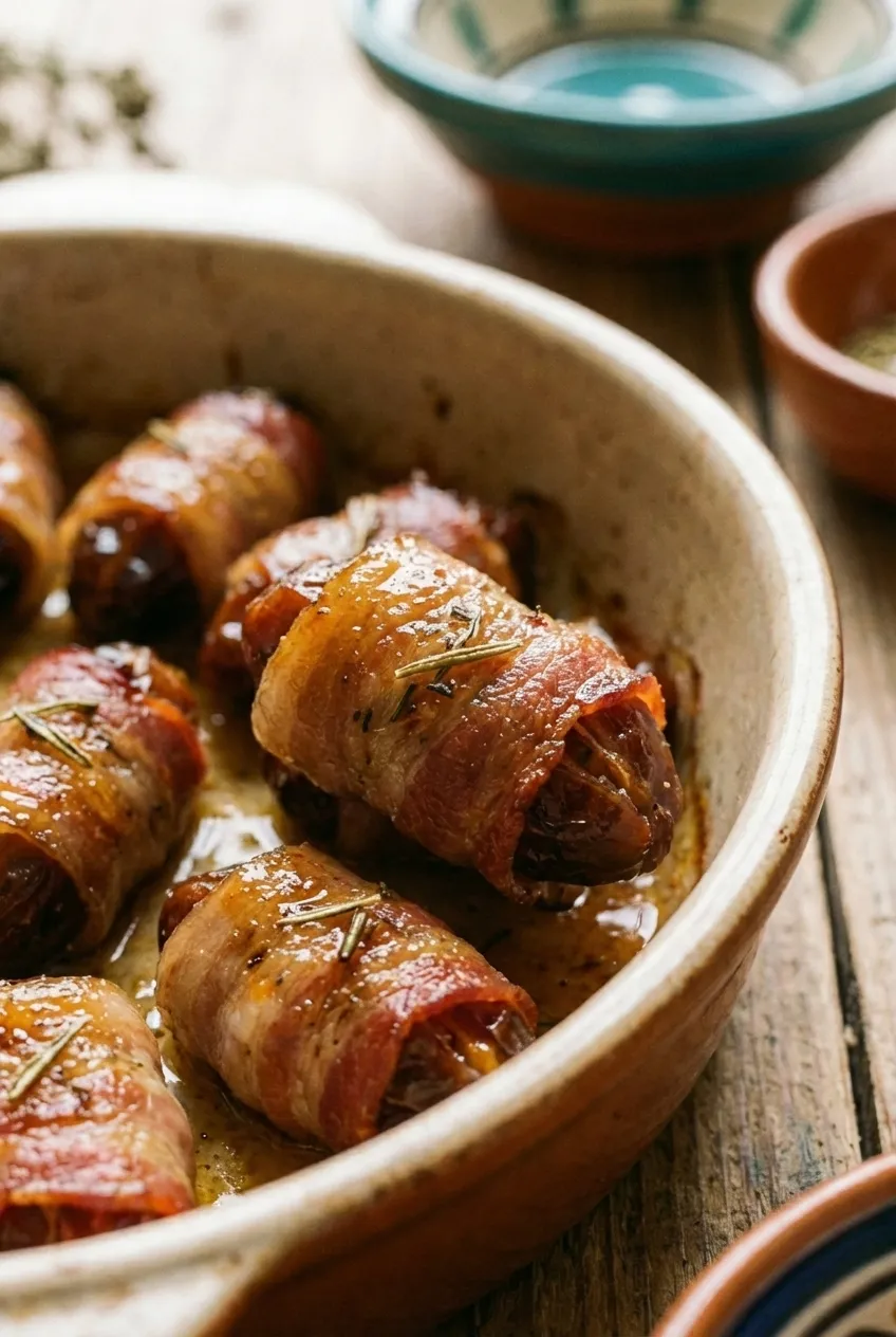 A platter of bacon wrapped dates, glistening with a honey glaze and garnished with fresh rosemary.