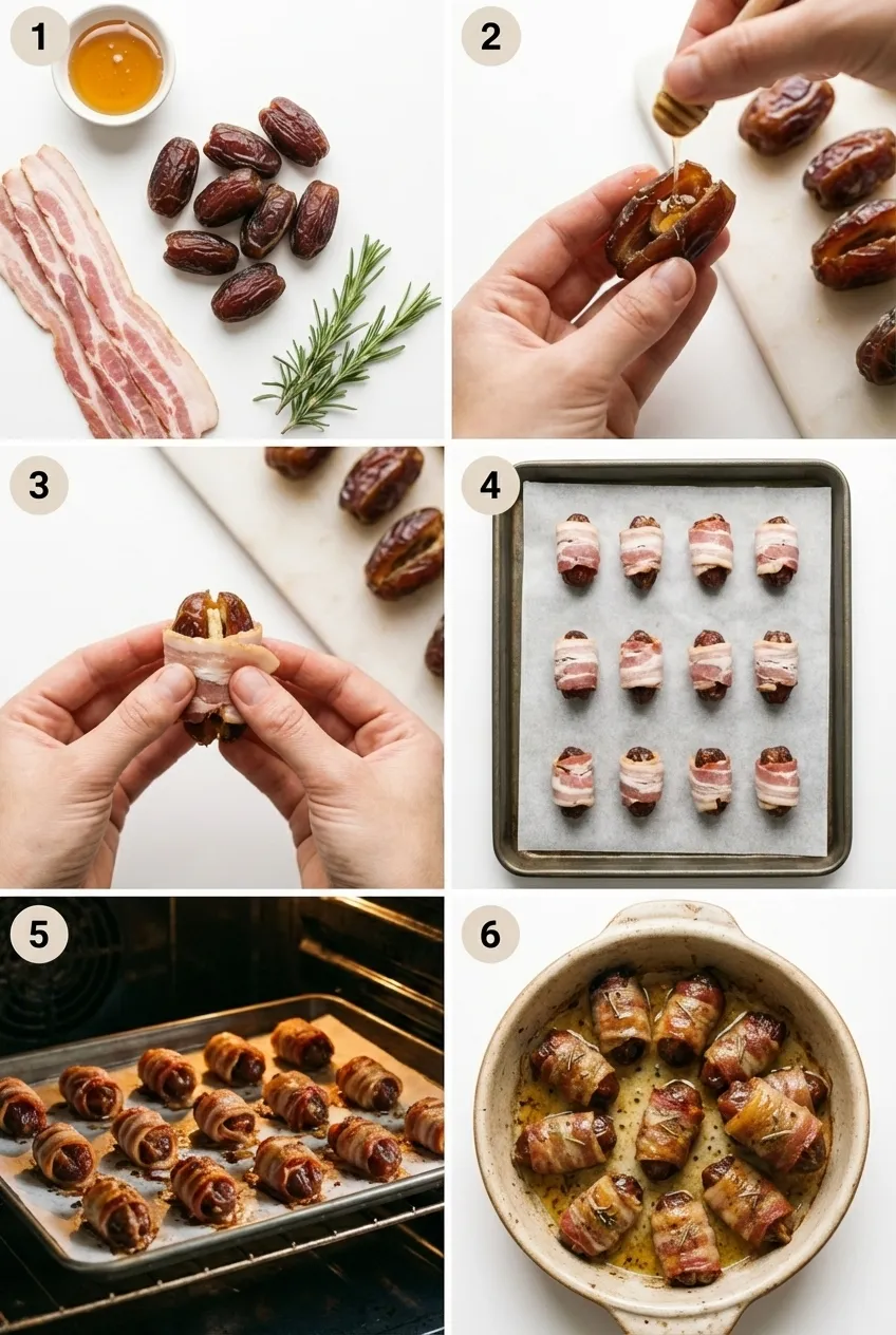 A platter of bacon wrapped dates, glistening with a honey glaze and garnished with fresh rosemary.