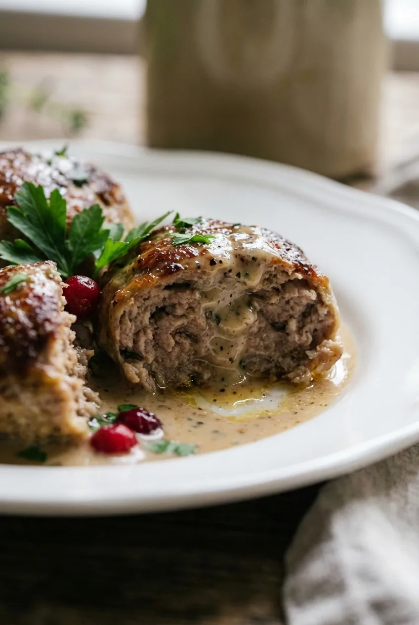 Overhead view of Swedish meatballs and gravy served in a dark bowl with a side of mashed potatoes.