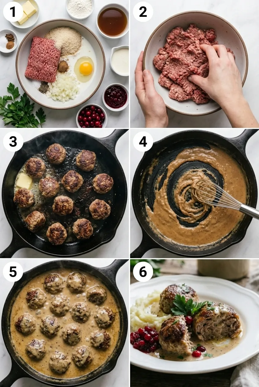 A serving of Swedish meatballs in a creamy gravy, garnished with fresh parsley in a cast-iron skillet.