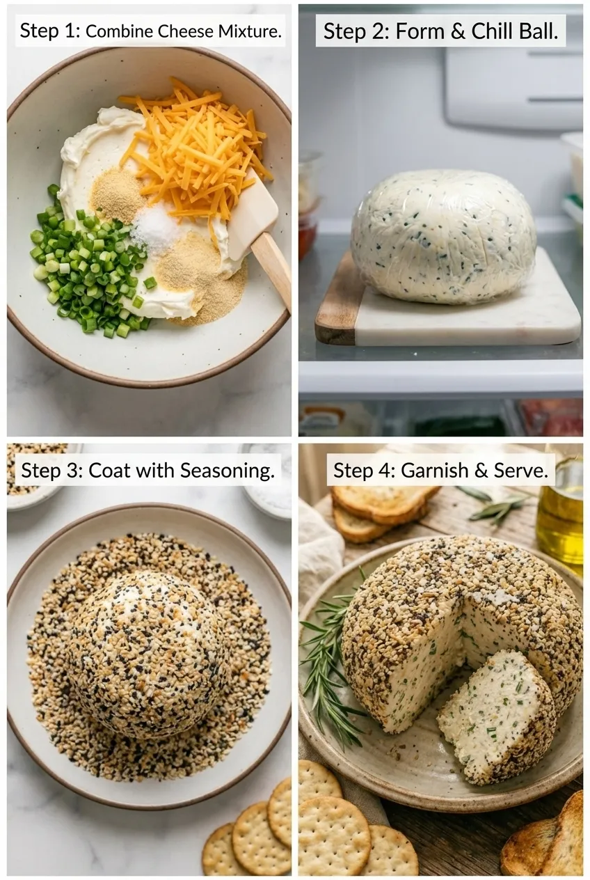 An everything bagel cheese ball on a white platter, surrounded by crackers and sliced vegetables.