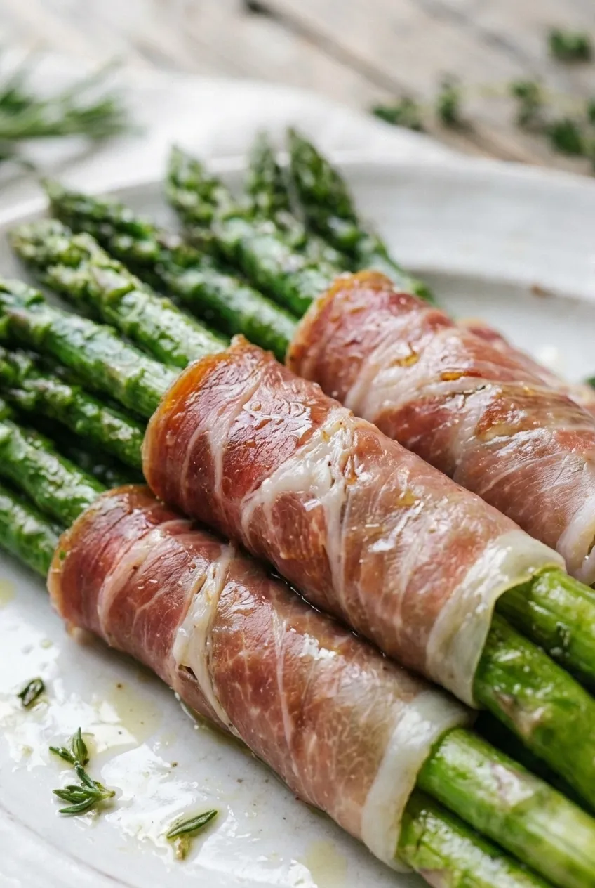 A close-up of crispy prosciutto wrapped asparagus on a parchment-lined baking sheet, fresh from the oven.
