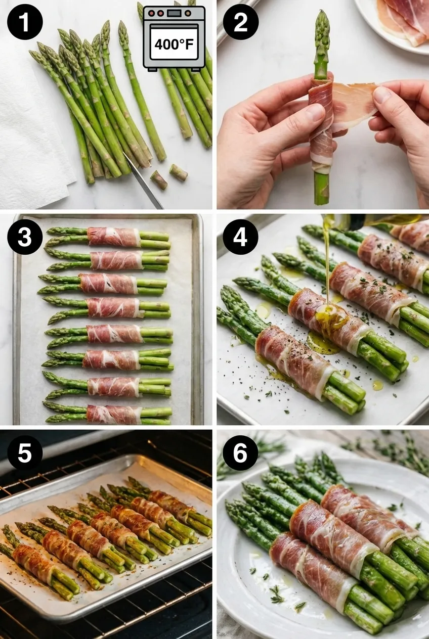 Prosciutto wrapped asparagus spears arranged on a white serving platter, garnished with fresh thyme.