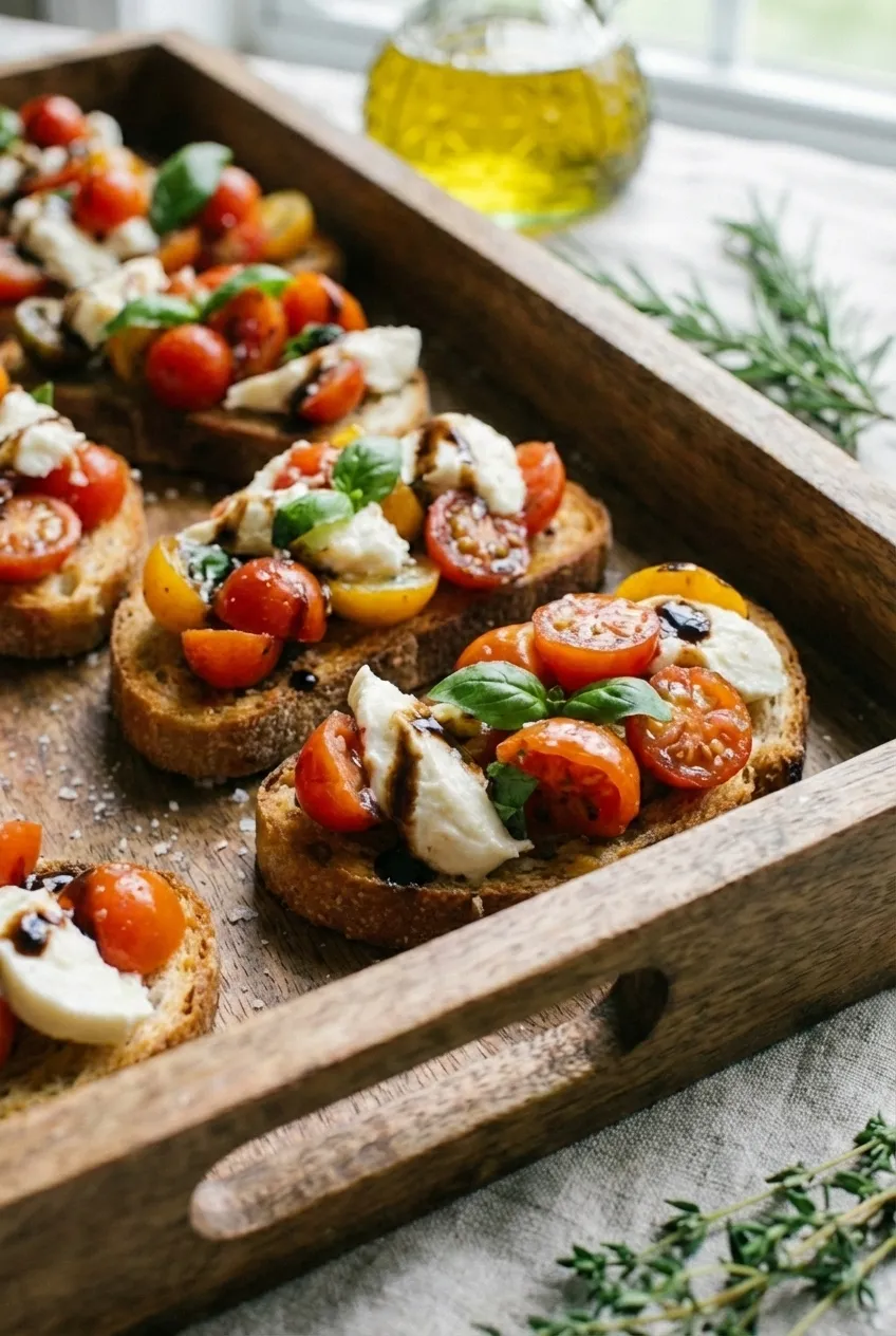 A platter of classic bruschetta with fresh tomato, basil, and mozzarella on grilled bread rounds, viewed from the side.