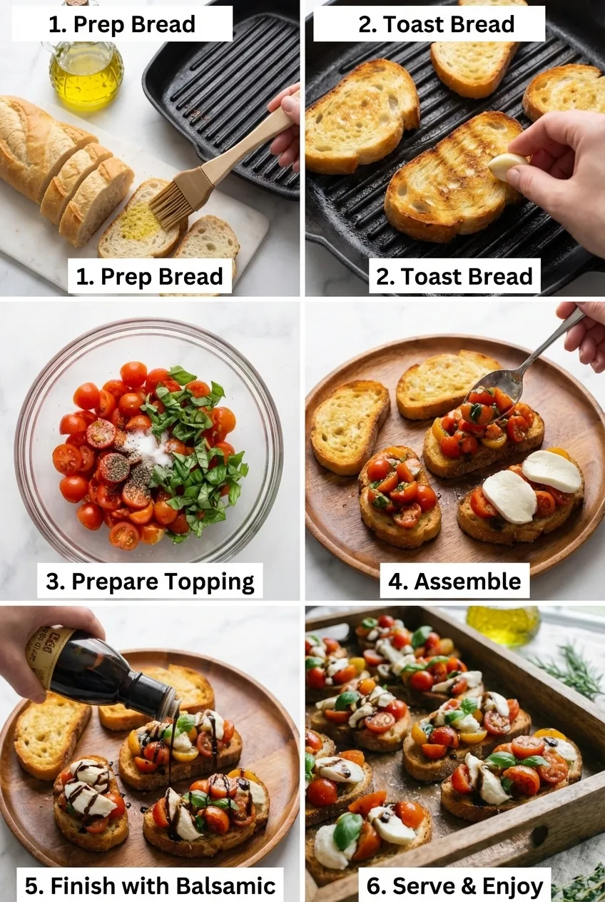 A platter of classic bruschetta with fresh tomato, basil, and mozzarella on grilled bread rounds, viewed from the side.