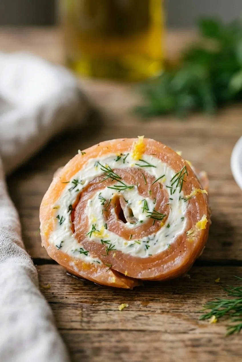 Overhead view of smoked salmon pinwheels arranged on a white serving platter, garnished with fresh dill.