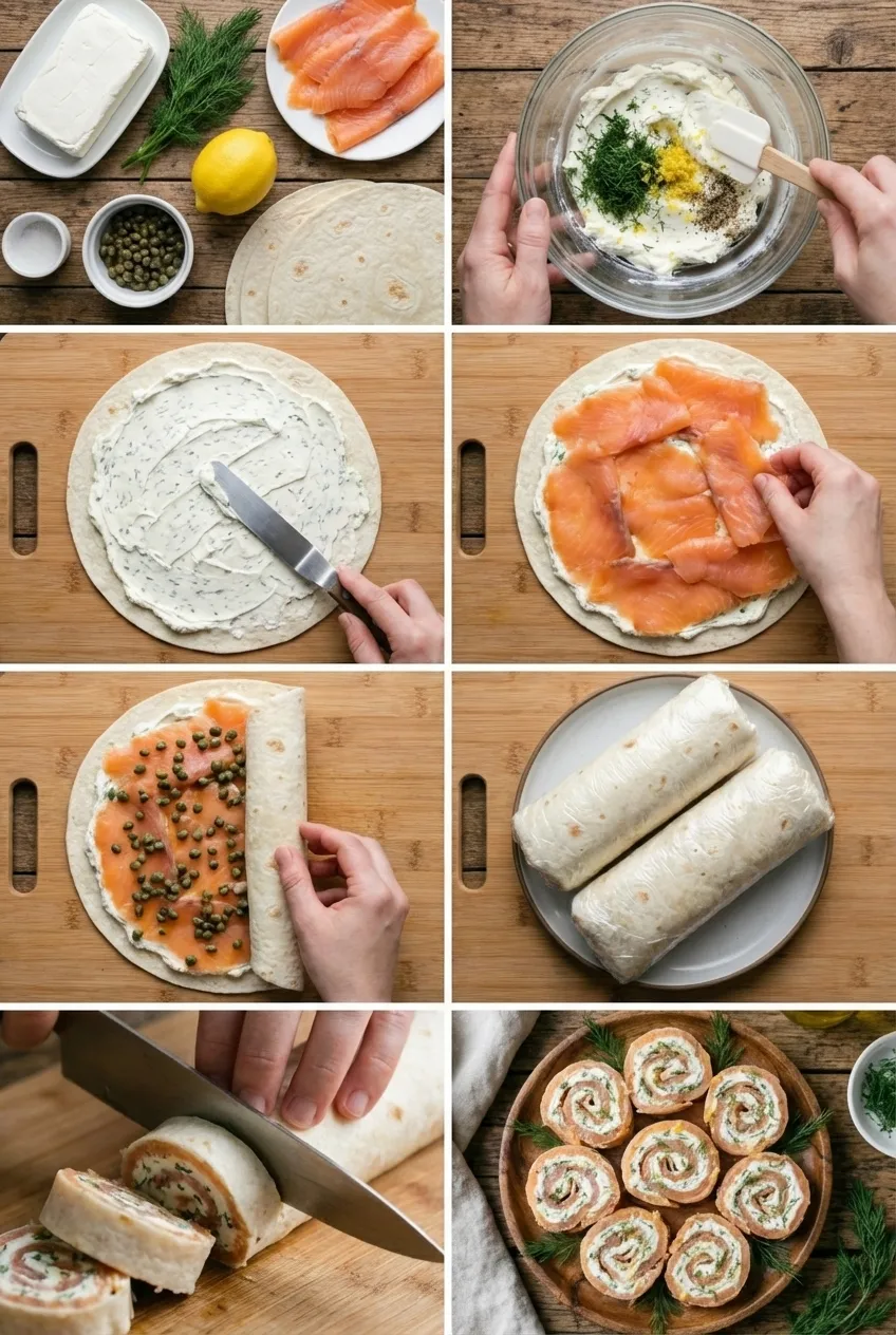 Overhead view of smoked salmon pinwheels arranged on a white serving platter, garnished with fresh dill.