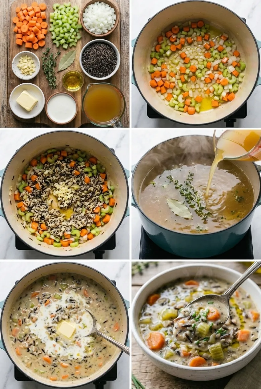 A white bowl of creamy wild rice soup, garnished with fresh chives, sitting on a wooden table next to a spoon.