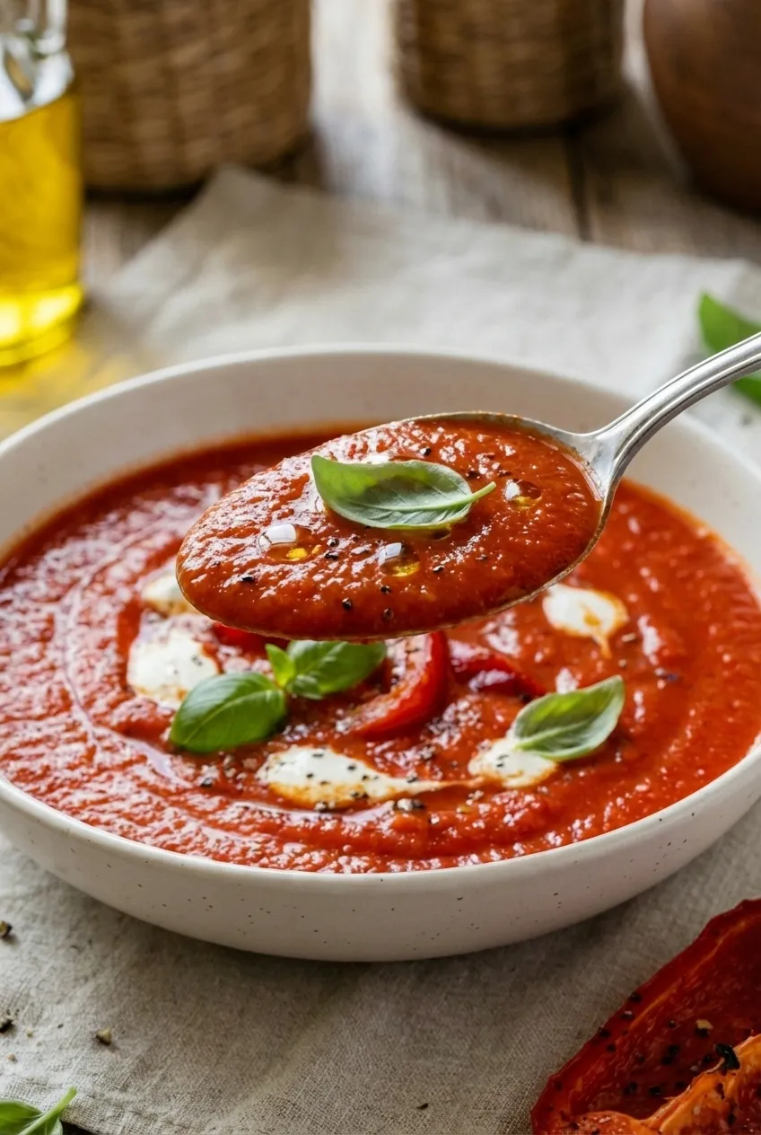 A bowl of creamy roasted red pepper soup, garnished with fresh basil leaves and a swirl of cream.