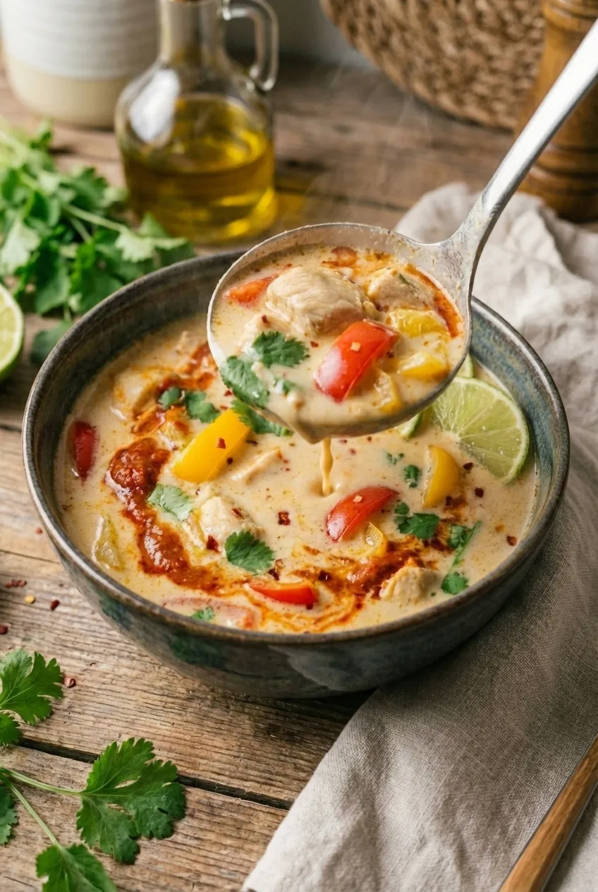 A bowl of Thai coconut curry soup with sliced chicken, red bell peppers, and fresh cilantro garnish, shown from a side angle.