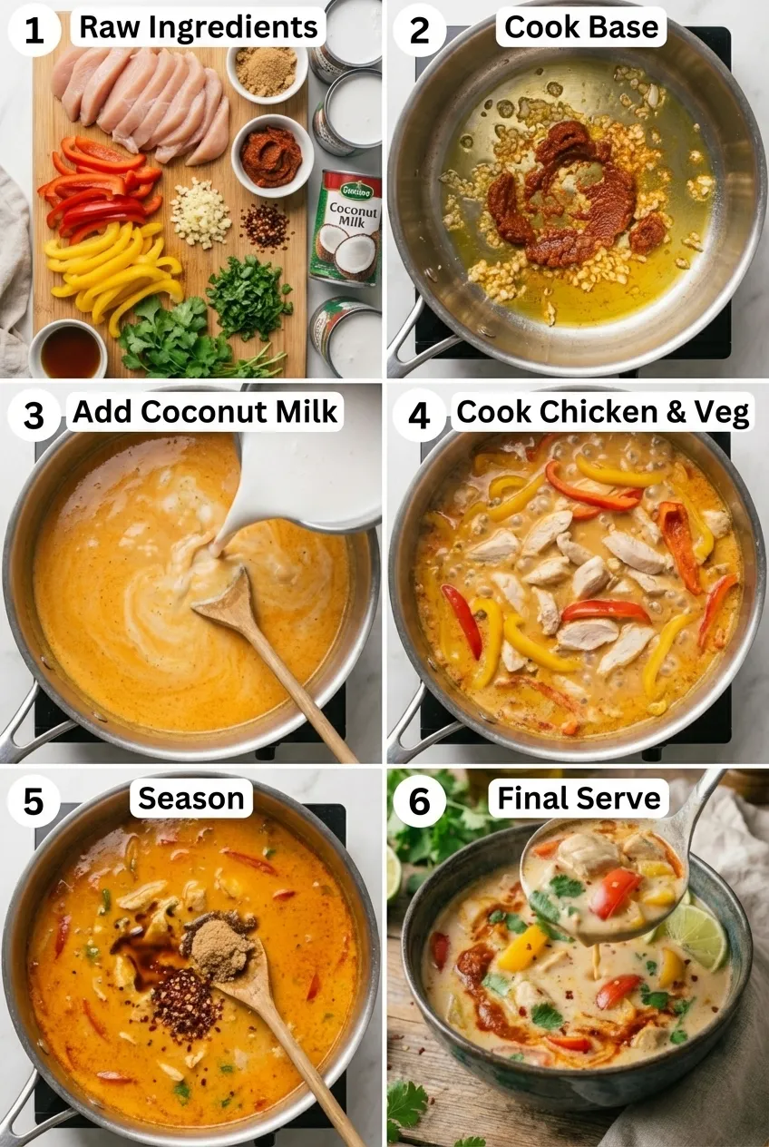 A bowl of Thai coconut curry soup with sliced chicken, red bell peppers, and fresh cilantro garnish, shown from a side angle.