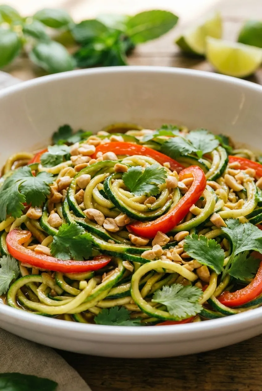 A skillet of zucchini noodle pad thai with red bell peppers, topped with crushed peanuts and fresh cilantro.