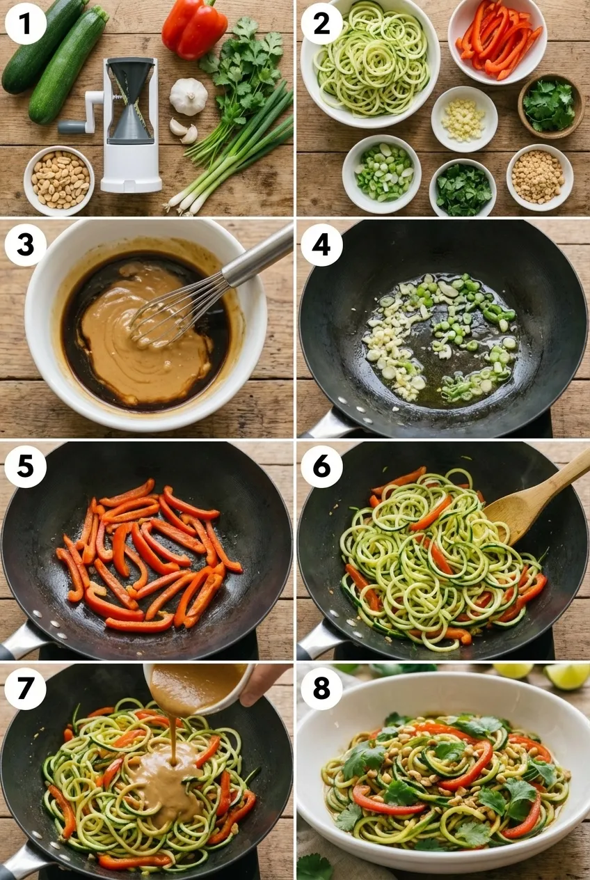 A skillet of zucchini noodle pad thai with red bell peppers, topped with crushed peanuts and fresh cilantro.