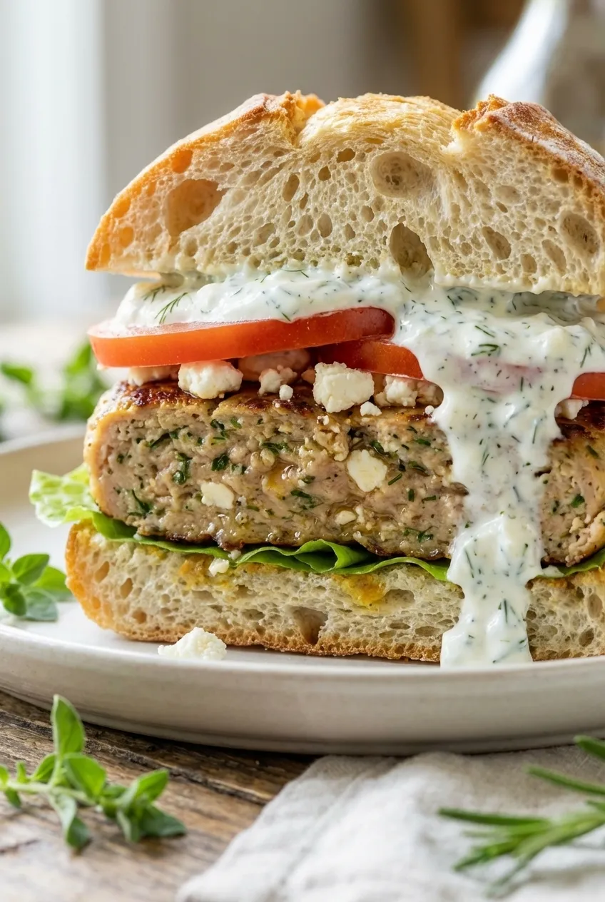 A grilled Greek turkey burger on a toasted bun with lettuce, tomato, and tzatziki sauce on a white plate.