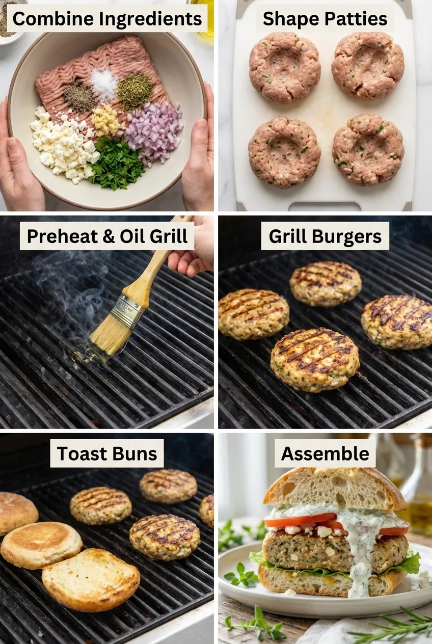 A grilled Greek turkey burger on a toasted bun with lettuce, tomato, and tzatziki sauce on a white plate.