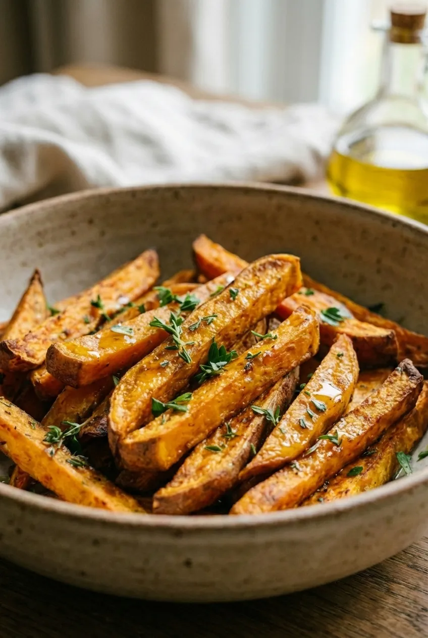 A baking sheet of golden-brown baked sweet potato fries, sprinkled with fresh parsley.
