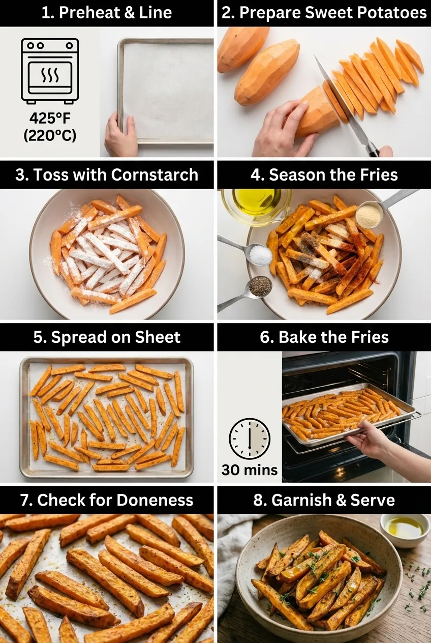 A baking sheet of golden-brown baked sweet potato fries, sprinkled with fresh parsley.