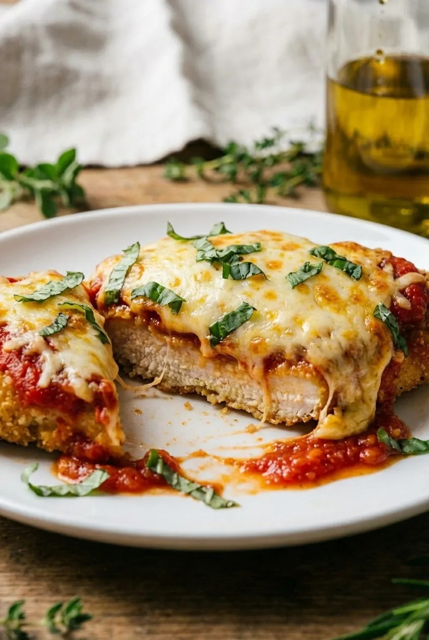 Healthy baked chicken parmigiana in a baking dish, topped with melted mozzarella cheese and fresh basil.