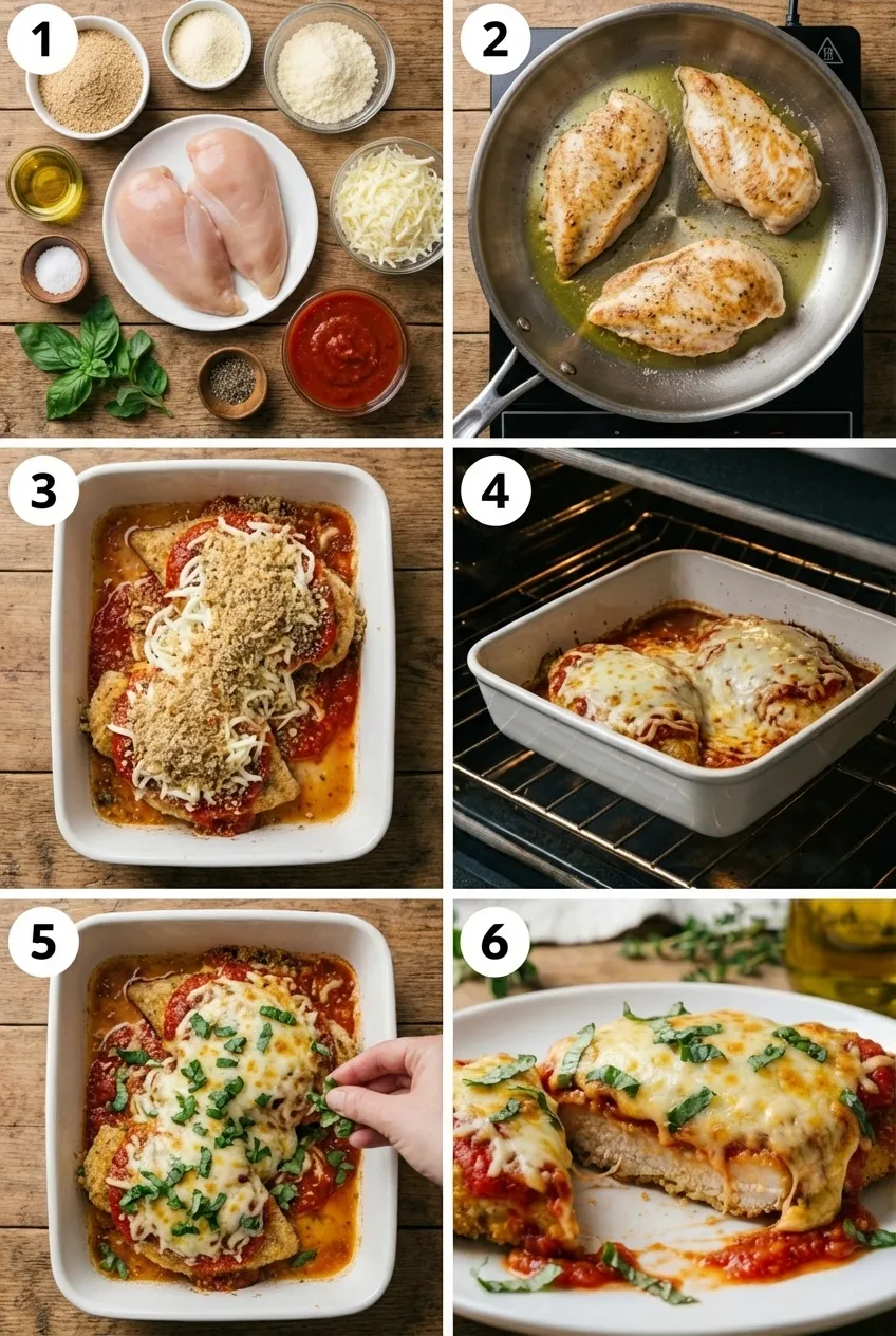 Healthy baked chicken parmigiana in a baking dish, topped with melted mozzarella cheese and fresh basil.