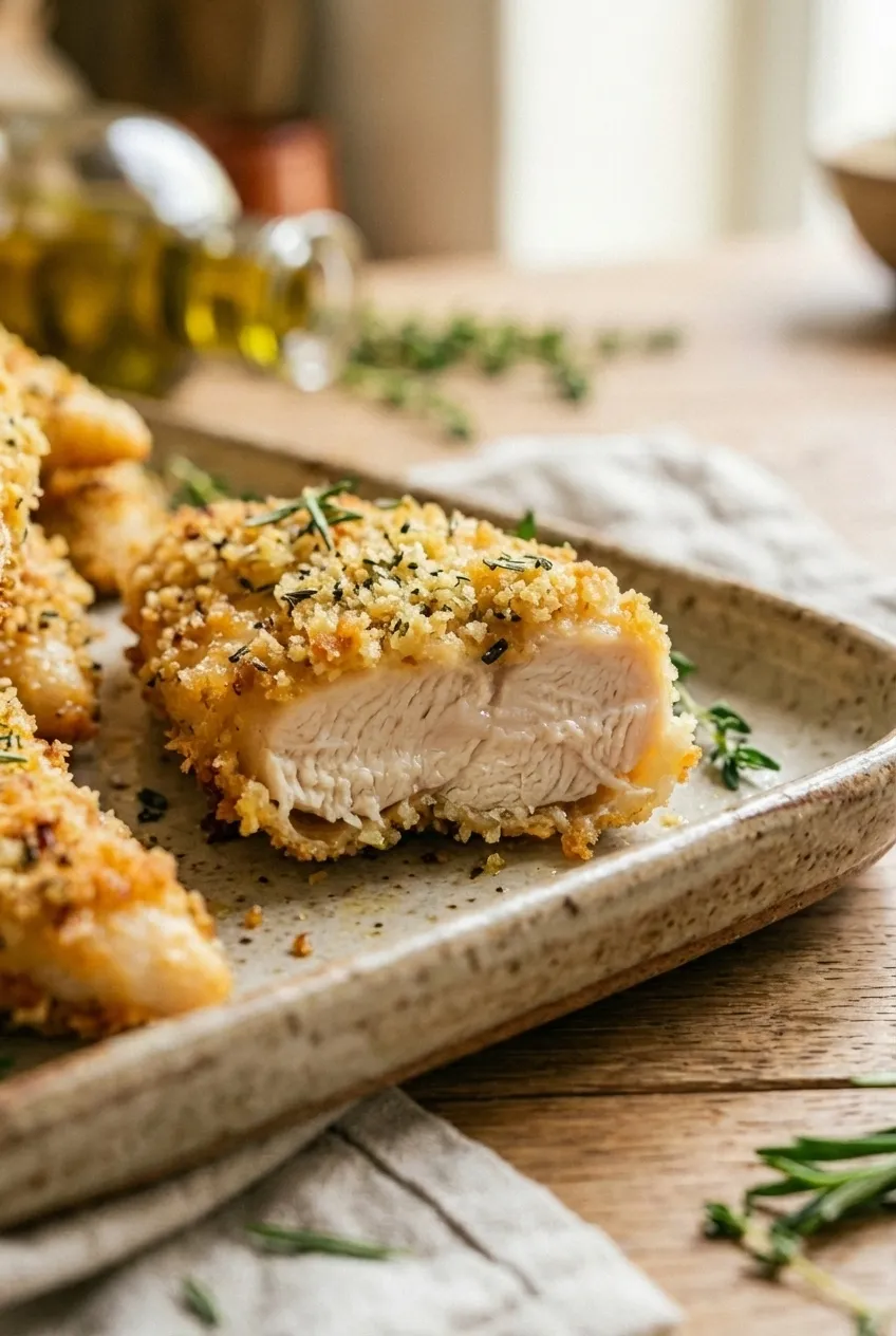 Golden brown air fryer chicken tenders arranged on a white plate with a side of dipping sauce.