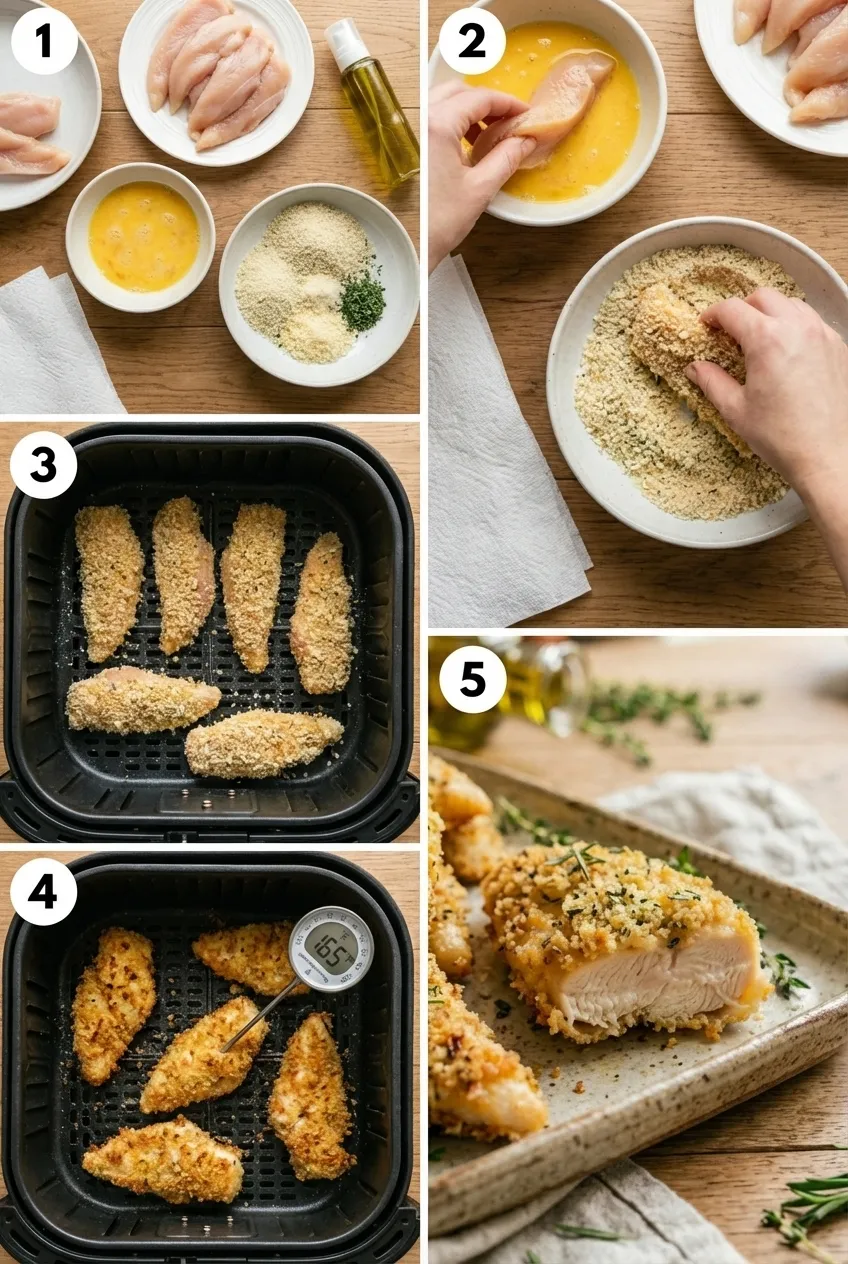 Golden brown air fryer chicken tenders arranged on a white plate with a side of dipping sauce.