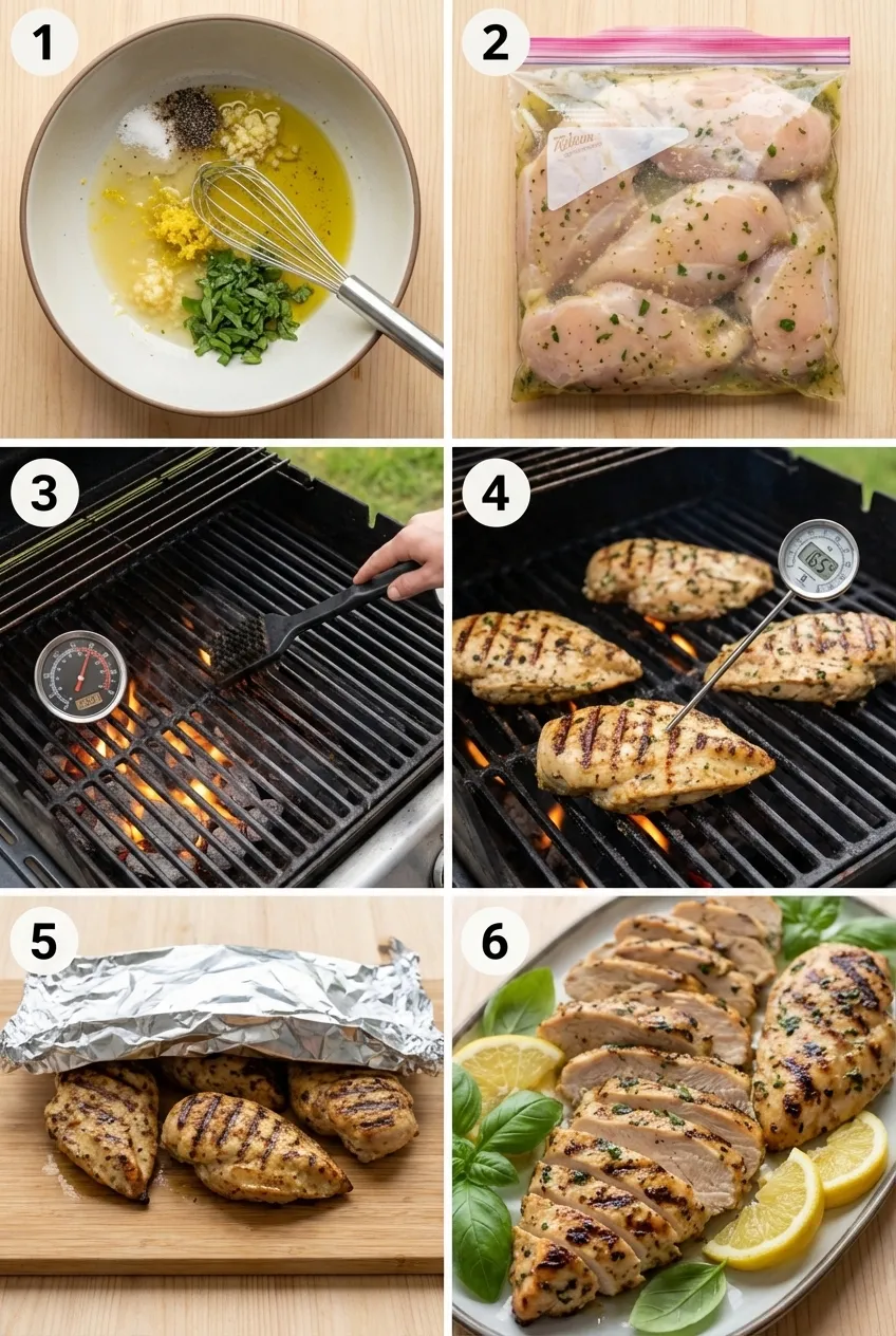 Grilled lemon basil chicken breasts sliced on a serving platter with fresh basil garnish.