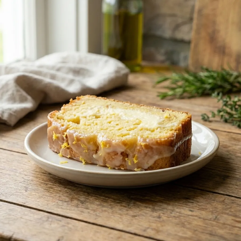 A single slice of lemon cream cheese pound cake on a plate, showing its dense, moist crumb.