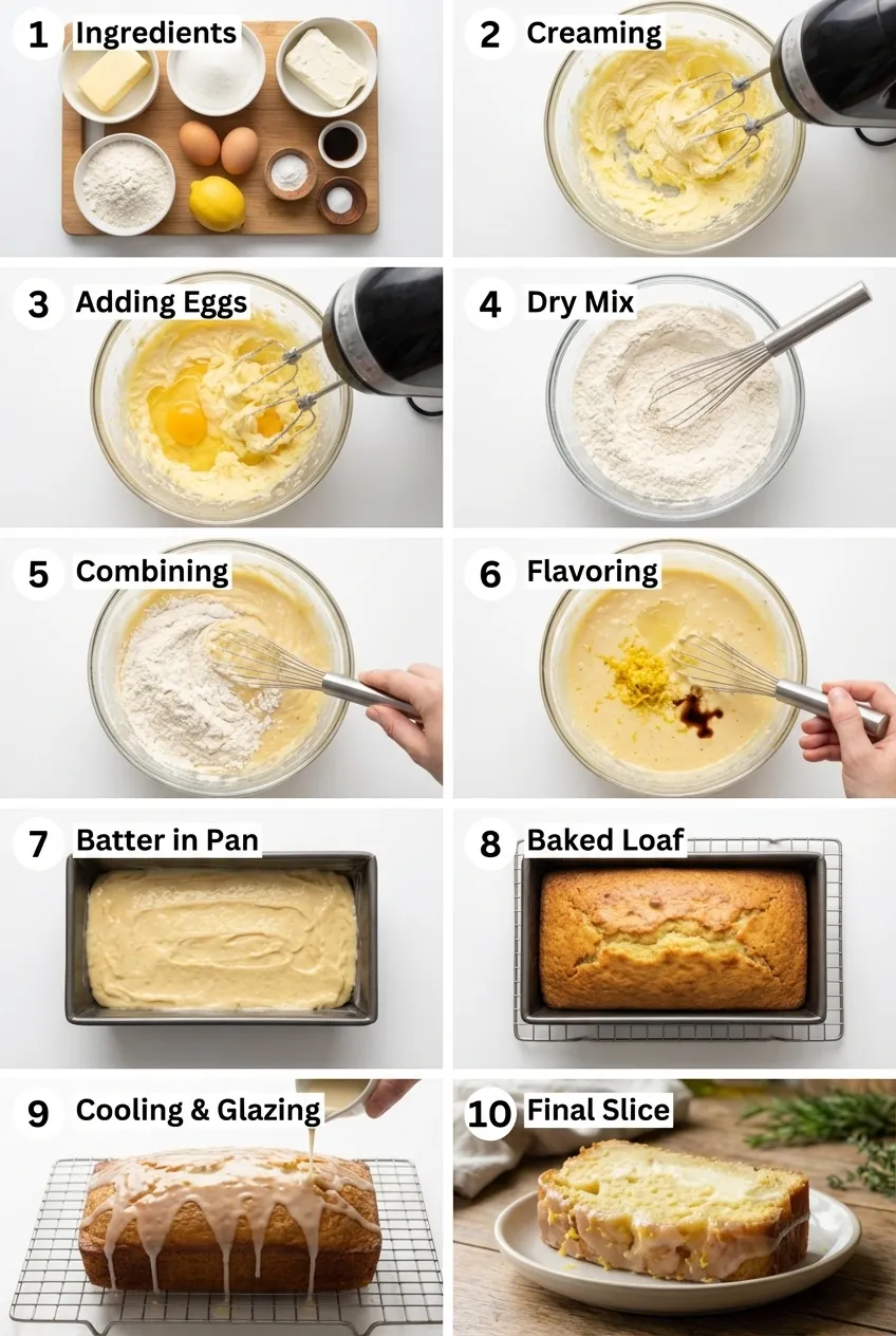 A whole lemon cream cheese pound cake on a wire rack, drizzled with a white lemon glaze.