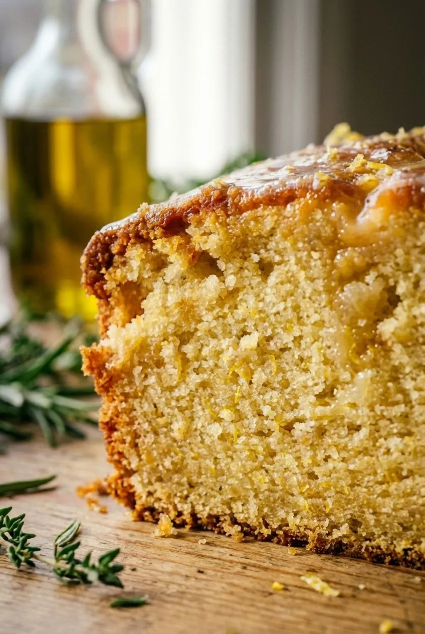 A slice of lemon ginger tea cake with a white glaze on a plate, with the whole cake visible in the background.