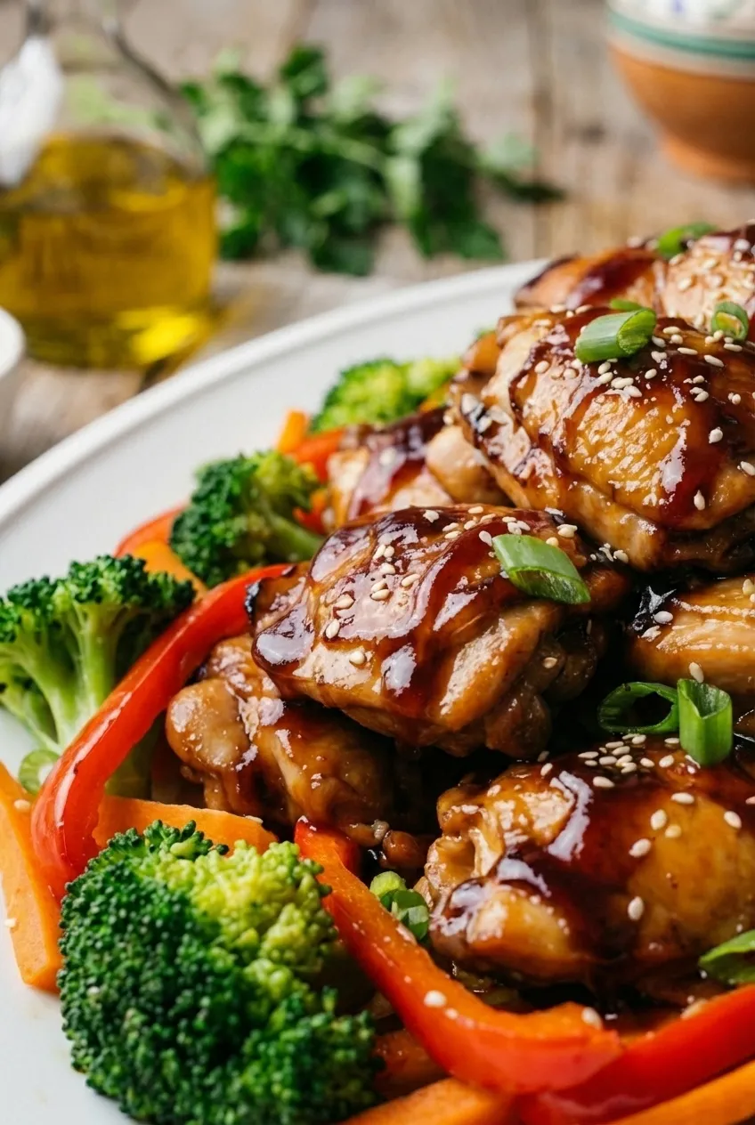 One-pot chicken teriyaki with broccoli and red peppers in a dark skillet, garnished with sesame seeds.