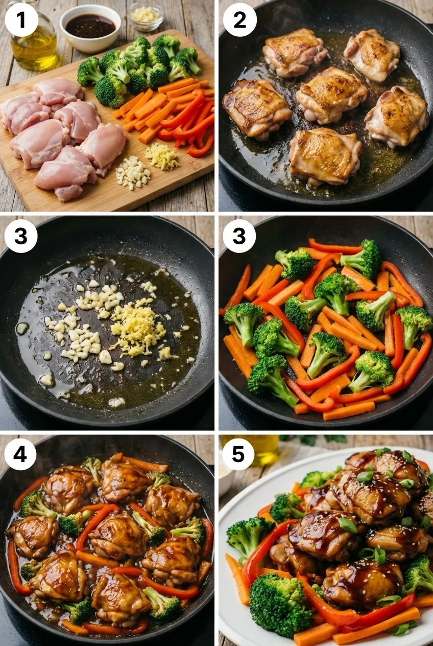 One-pot chicken teriyaki with broccoli and red peppers in a dark skillet, garnished with sesame seeds.