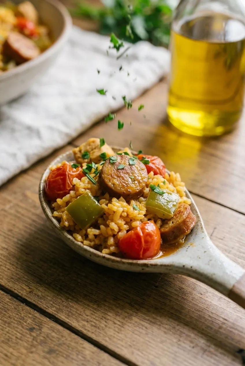 A large pot of one-pot sausage jambalaya with rice, chicken, and peppers, garnished with fresh parsley.