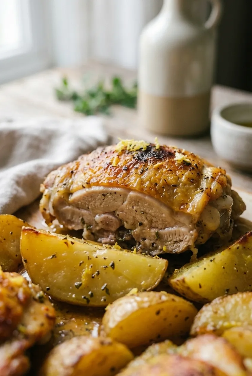 One-pot Greek chicken and potatoes in a white baking dish, garnished with fresh parsley.
