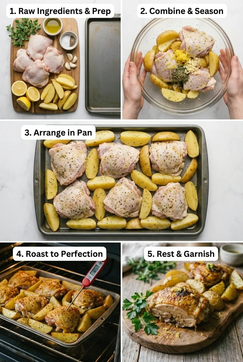 One-pot Greek chicken and potatoes in a white baking dish, garnished with fresh parsley.