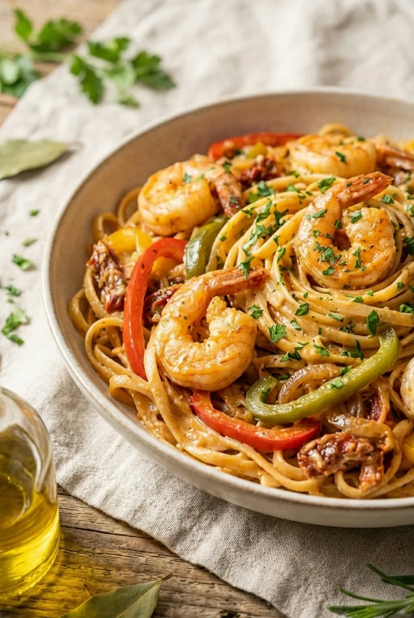 A large skillet of one-pot shrimp fajita pasta with sliced peppers, onions, and a fresh cilantro garnish.