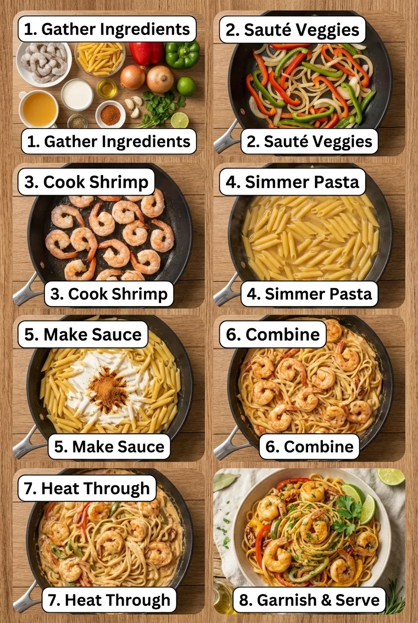 A large skillet of one-pot shrimp fajita pasta with sliced peppers, onions, and a fresh cilantro garnish.