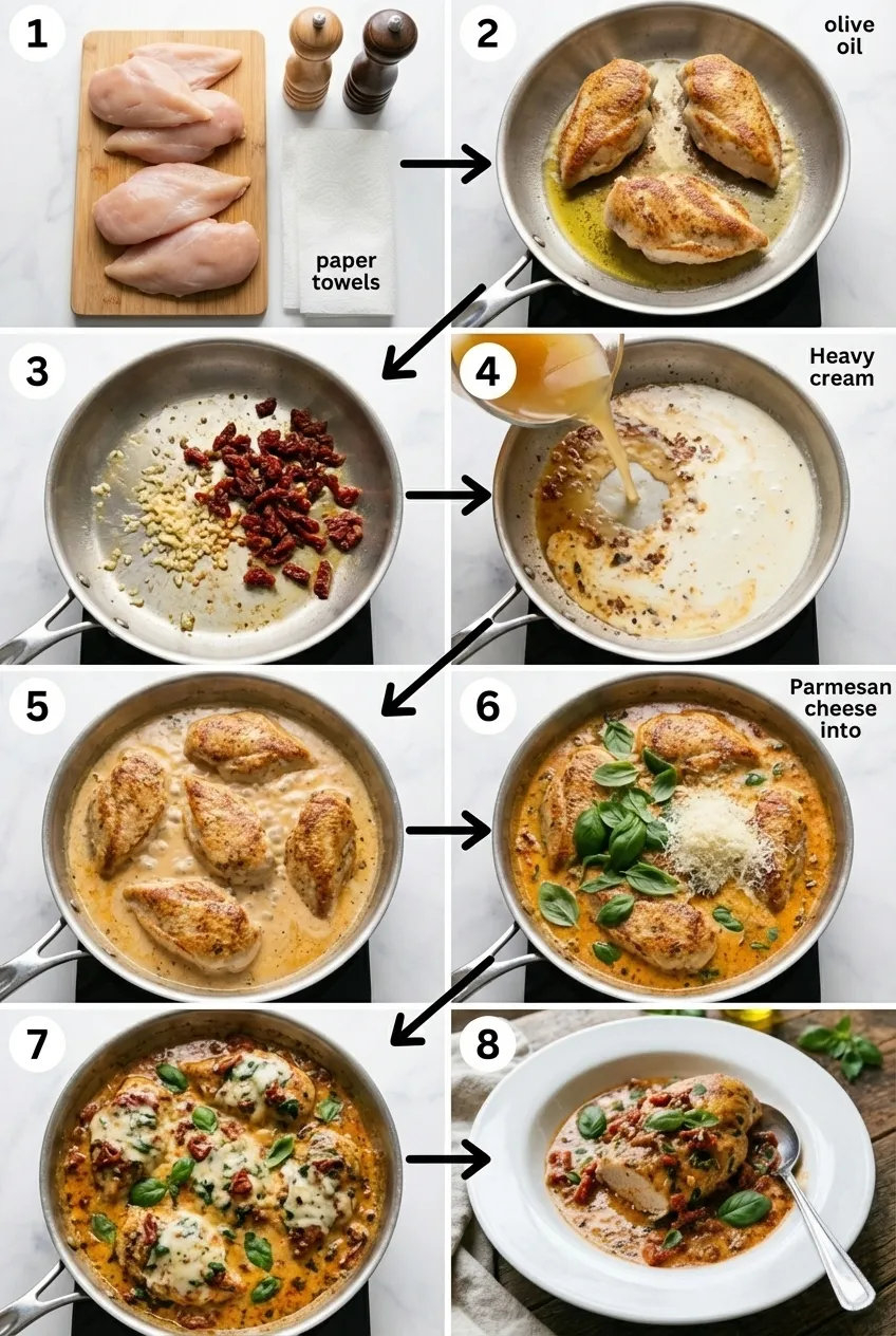 One-Pot Creamy Sun-Dried Tomato Chicken in a large black skillet, garnished with fresh basil.